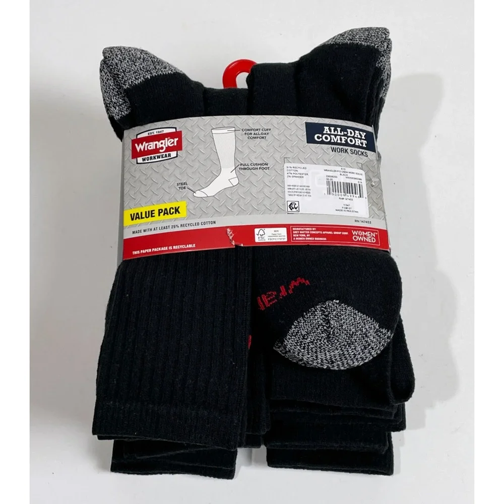 Wrangler Workwear Men's All Day Comfort Work Socks 12 pack Crew Shoe Size 6-12